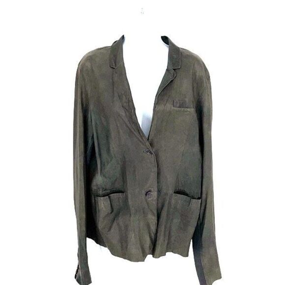 Jakett Etc Womens Leather Long Sleeve Lightweight Blazer Jacket Green Gray Mediu - Picture 1 of 10